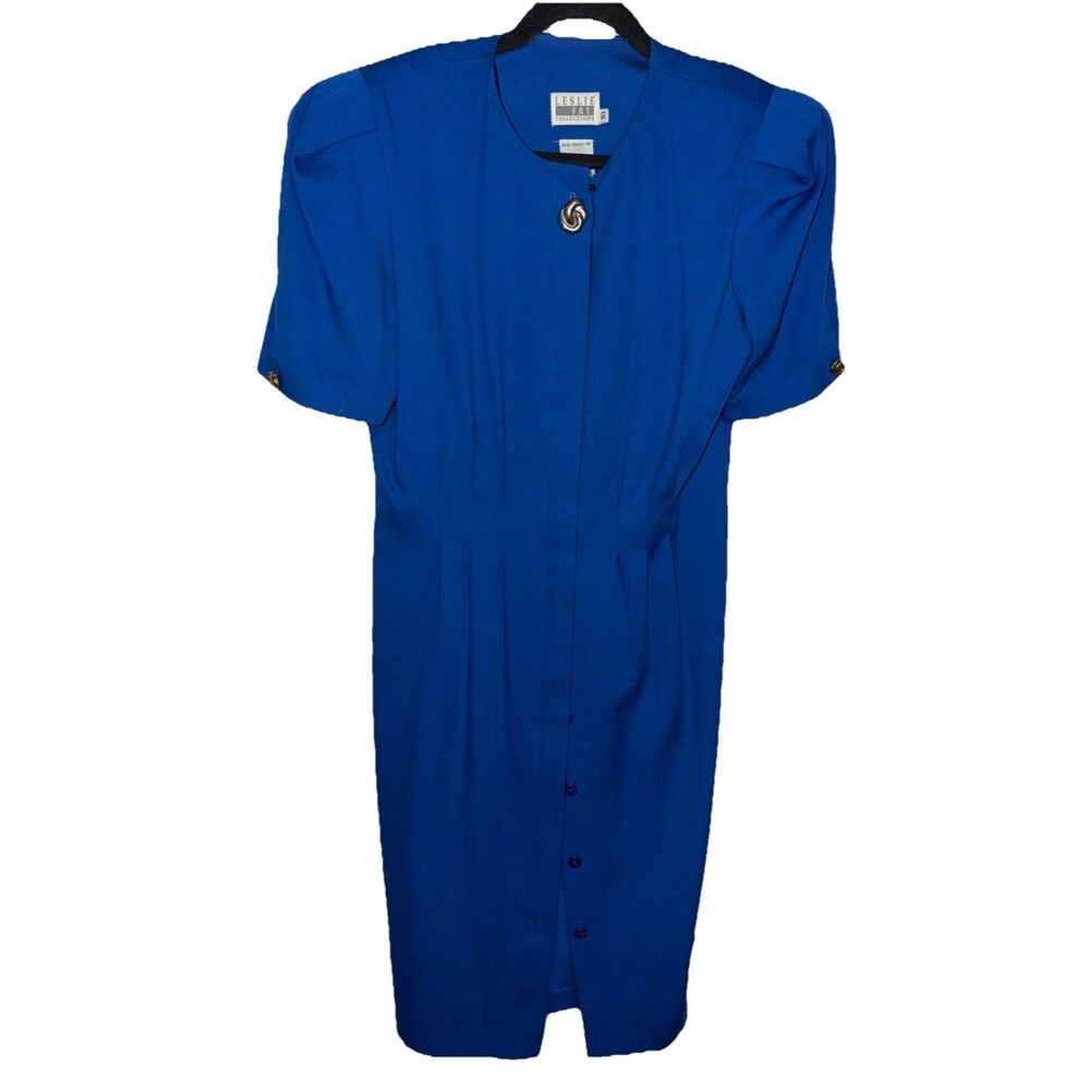 LESLIE FAY Vintage Shirt Dress Blue Pleated Buttons Midi Career 80s 90s USA 10